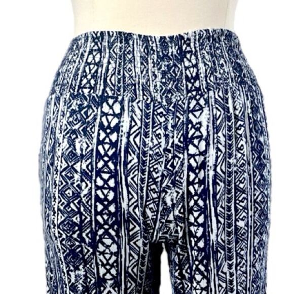 Three Dots Wide Leg Pants Smocked Waist Pull On Blue Cream Women’s Size XL - Picture 8 of 11